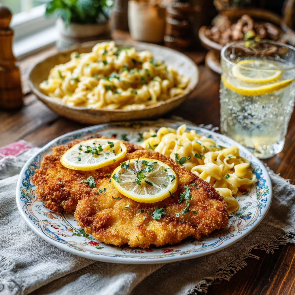 Escalope milanese served with creamy pasta