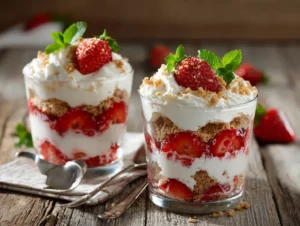Simple strawberry dessert layered with cream and biscuits.