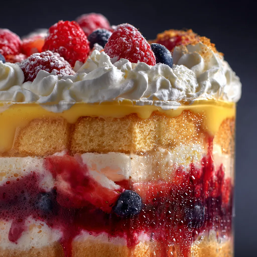 Trifle Dessert Recipes (Classic, Berry & 4th of July) 10 Close-up of trifle layers and creamy textures.