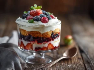 Layered trifle dessert with berries and whipped cream.