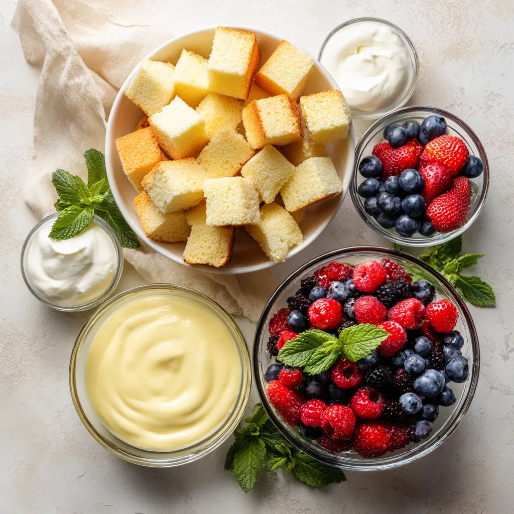 Trifle Dessert Recipes (Classic, Berry & 4th of July) 8 Overhead shot of trifle dessert ingredients on a kitchen counter.