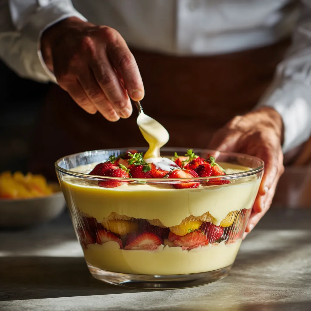Trifle Dessert Recipes (Classic, Berry & 4th of July) 9 Chef layering custard and fruit in a glass trifle dish.trifle dessert recipes