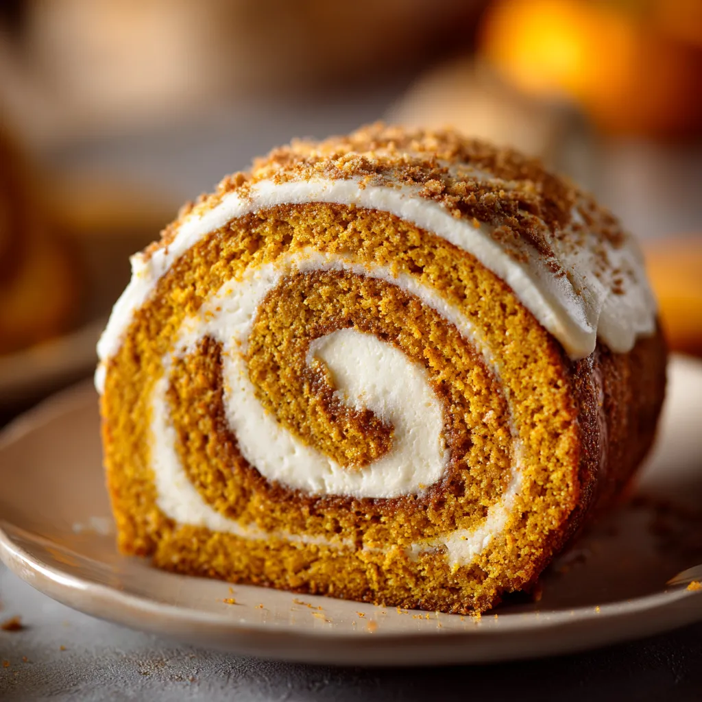 Pumpkin Spice Roll – Cozy Fall Dessert Filled With Creamy Spice & Holiday Magic 10 Close-up of Pumpkin Spice Roll slice showing creamy swirl and moist texture.
