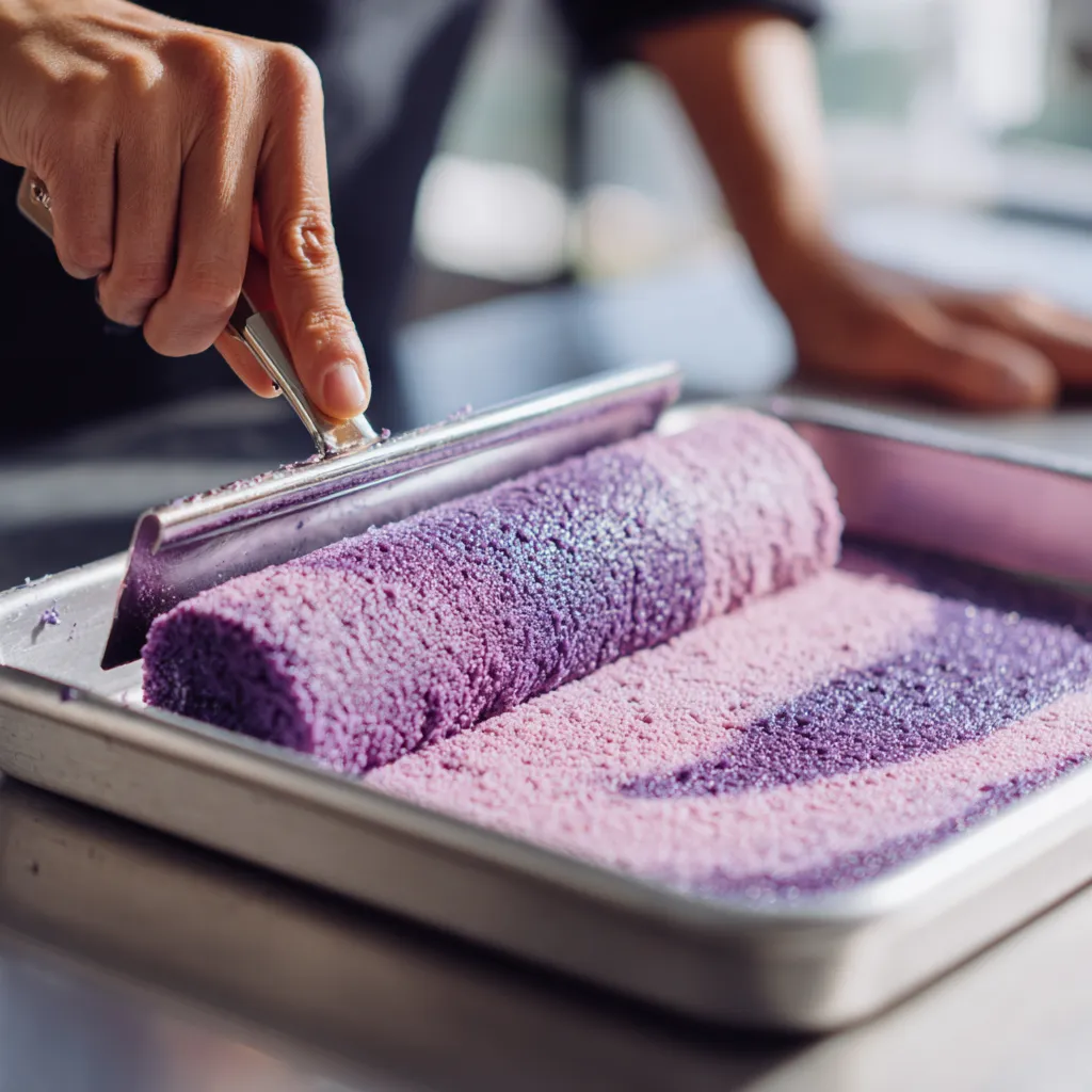 Ube Swiss Roll – Soft, Dreamy & Naturally Purple Filipino Dessert 8 Spreading ube batter in jelly roll pan for Ube Swiss Roll.