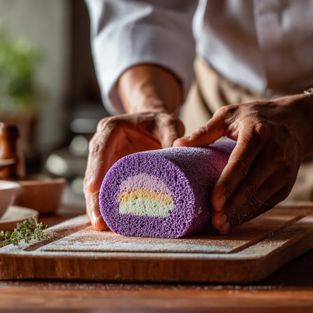 Ube Swiss Roll – Soft, Dreamy & Naturally Purple Filipino Dessert 11 Chef’s hands rolling Ube Swiss Roll with coconut cream filling, no face shown.