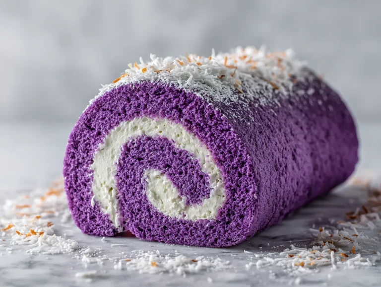 Ube Swiss Roll sliced on marble showing purple sponge and coconut cream filling.