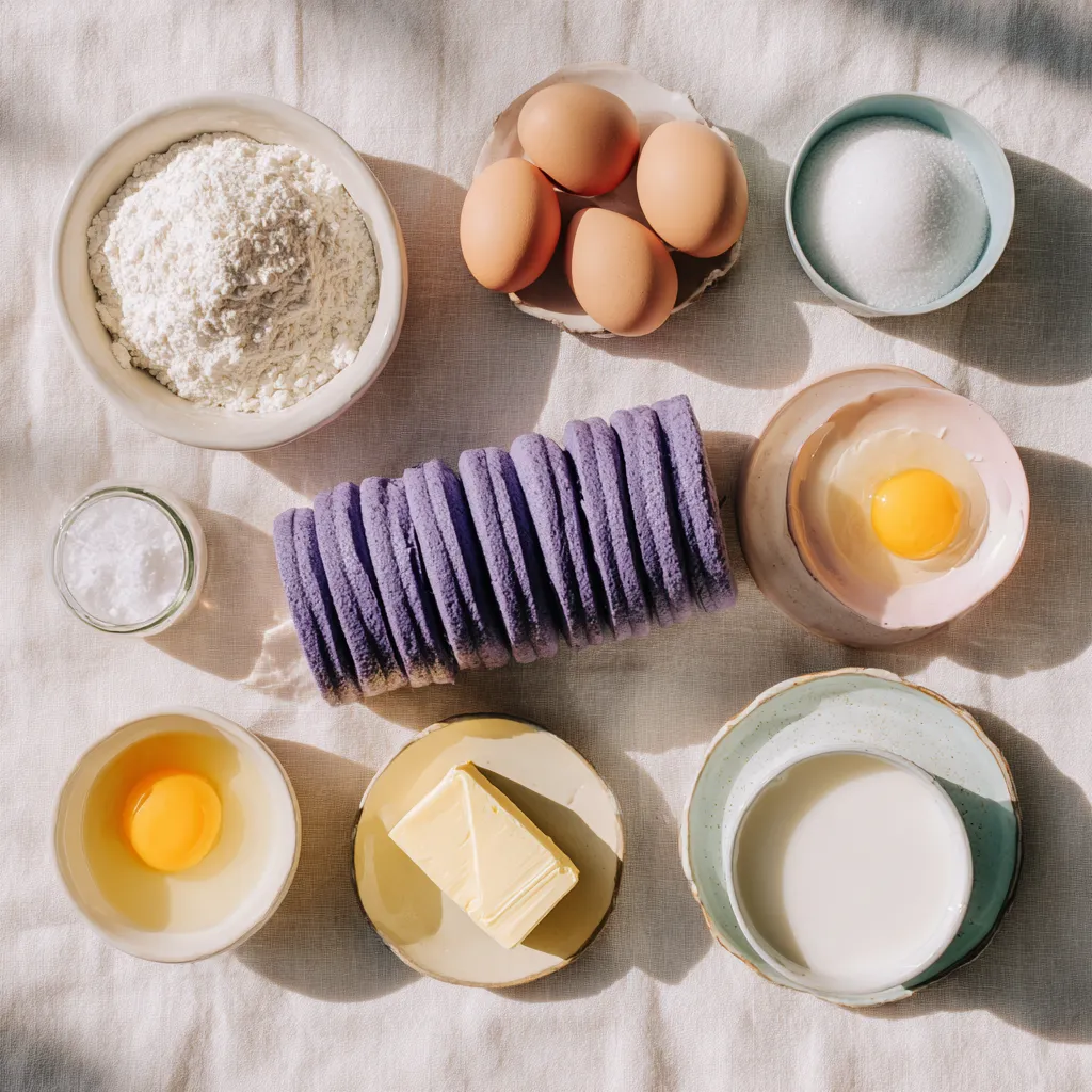 Ube Swiss Roll – Soft, Dreamy & Naturally Purple Filipino Dessert 7 Flatlay of ingredients to make Ube Swiss Roll with ube halaya and coconut milk.