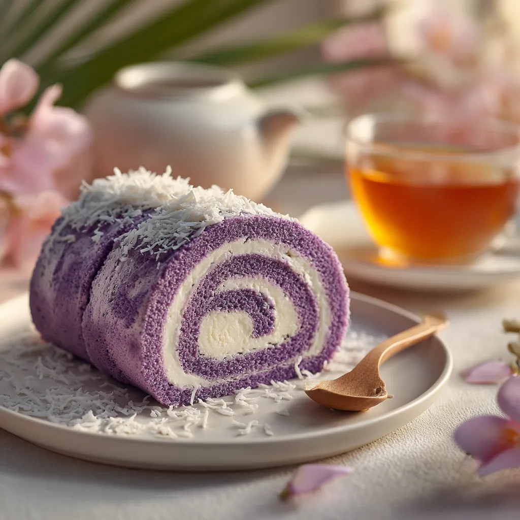 Ube Swiss Roll – Soft, Dreamy & Naturally Purple Filipino Dessert 10 Sliced Ube Swiss Roll served with tea and coconut flakes.
