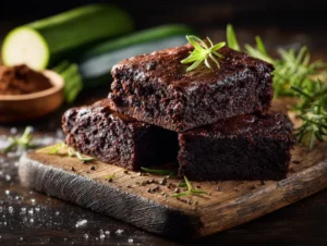 Chocolate zucchini brownies and cake served on rustic board