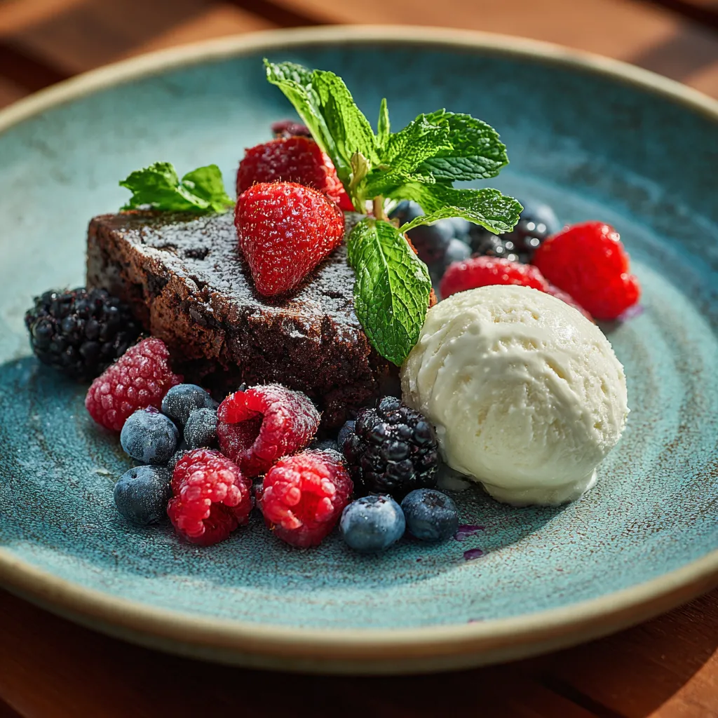 Zucchini brownies with berries and ice cream