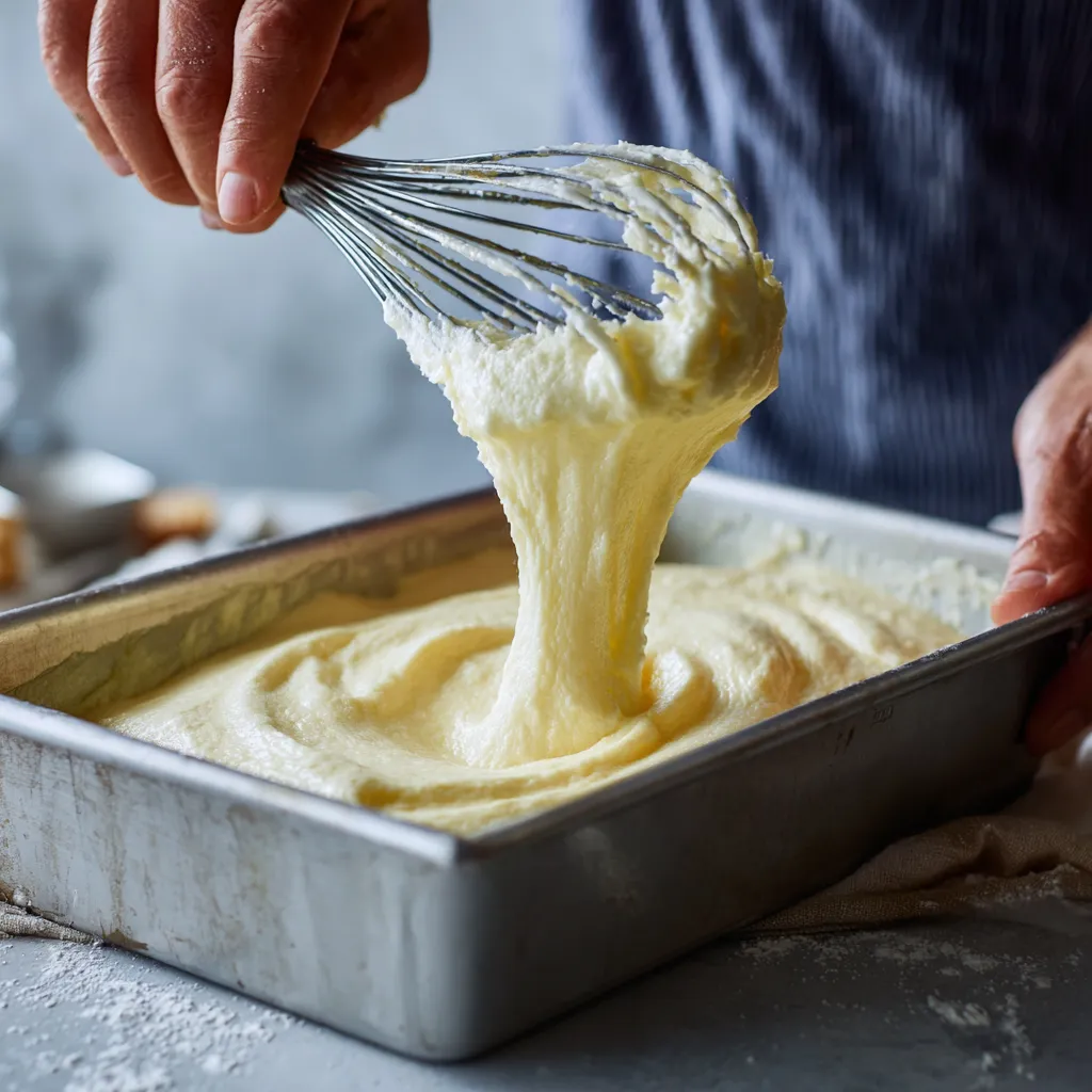 Gluten Free Sheet Cake (Moist, Easy & Perfect for Every Occasion) 8 Pouring gluten free cake batter into a sheet pan.