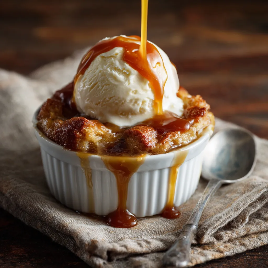 Apple cobbler with vanilla ice cream and caramel drizzle.