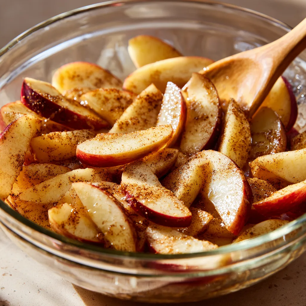 Apples mixed with cinnamon and sugar for apple dessert filling.