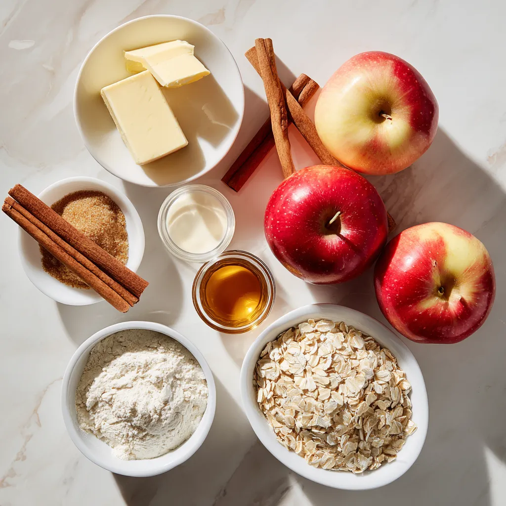 Flat lay of ingredients for making a classic apple dessert.