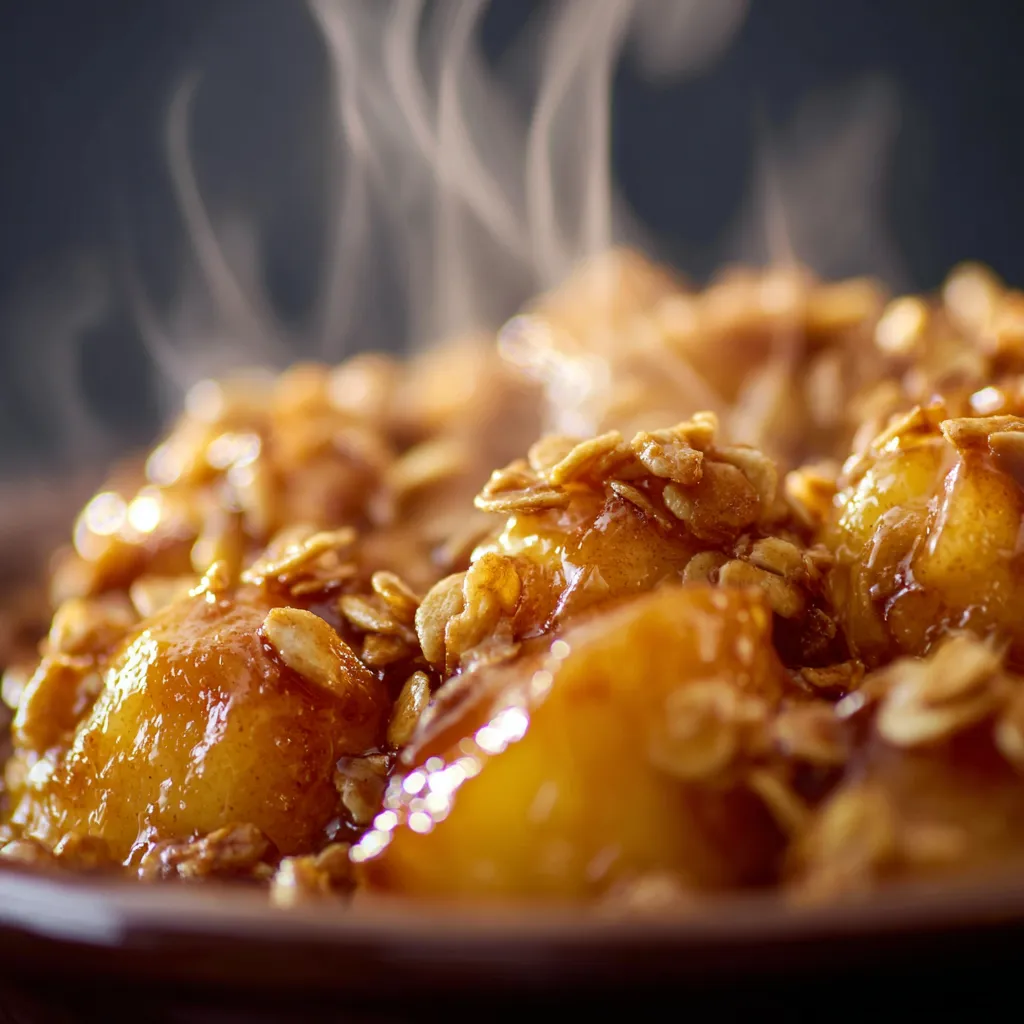 Close-up of golden crisp topping on apple dessert.