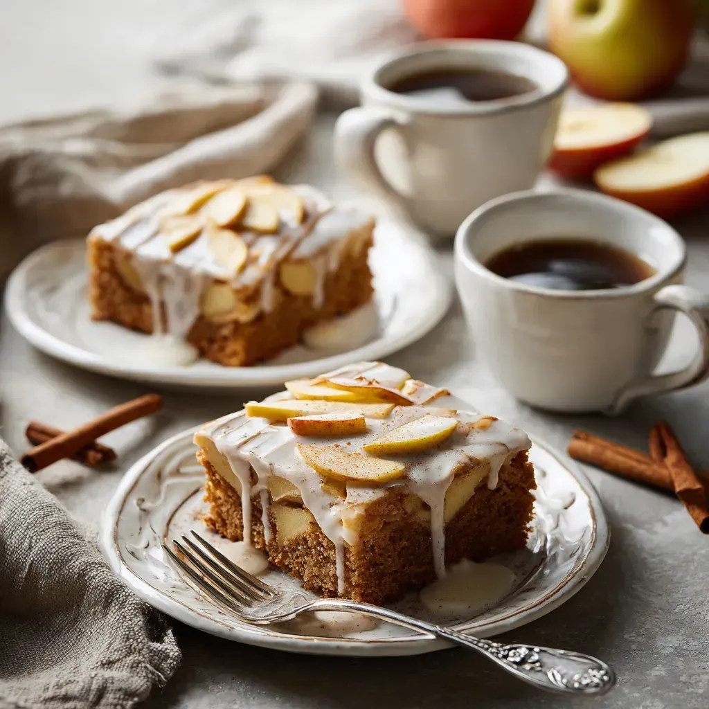 Apple Spice Sheet Cake with Brown Sugar Frosting – Moist Fall Dessert 7 Apple spice sheet cake slices served with coffee.
