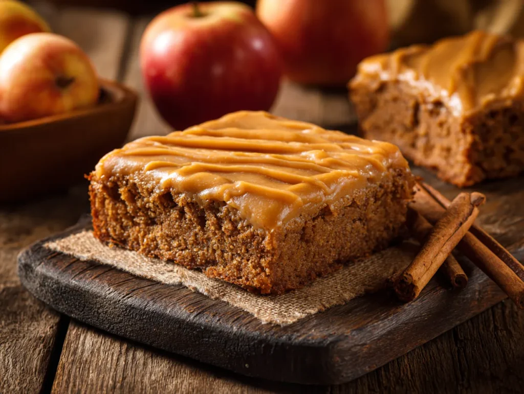 Apple spice sheet cake with brown sugar frosting on wooden table.