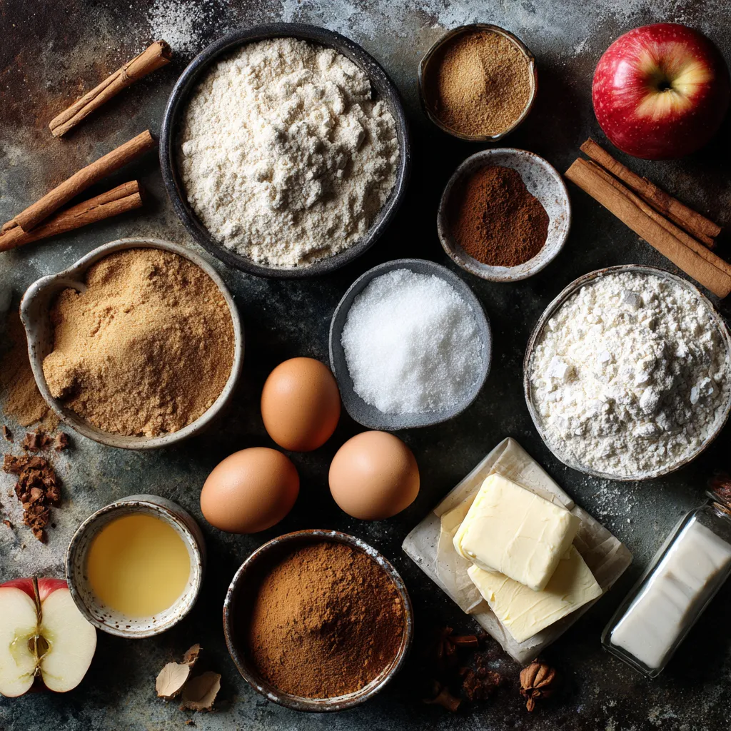 Apple Spice Sheet Cake with Brown Sugar Frosting – Moist Fall Dessert 8 Flatlay of ingredients for apple spice sheet cake.