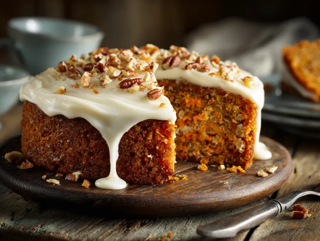 Moist carrot sheet cake with cream cheese frosting and pecans on wooden table.