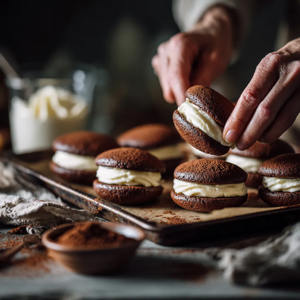 assembling tiramisu whoopie pies with piped mascarpone