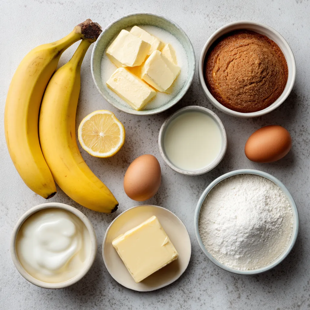 Ingredients for banana sheet cake on a wooden table