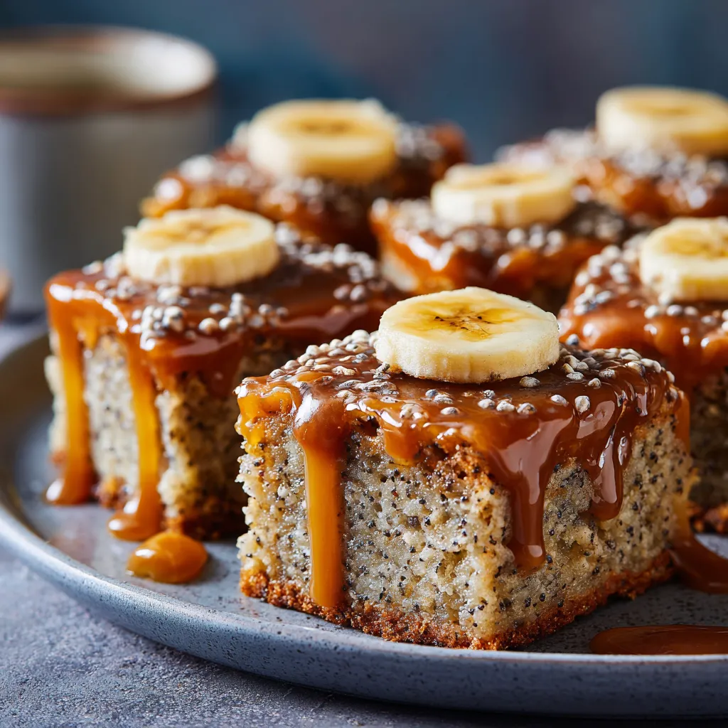 Banana sheet cake slices with caramel drizzle