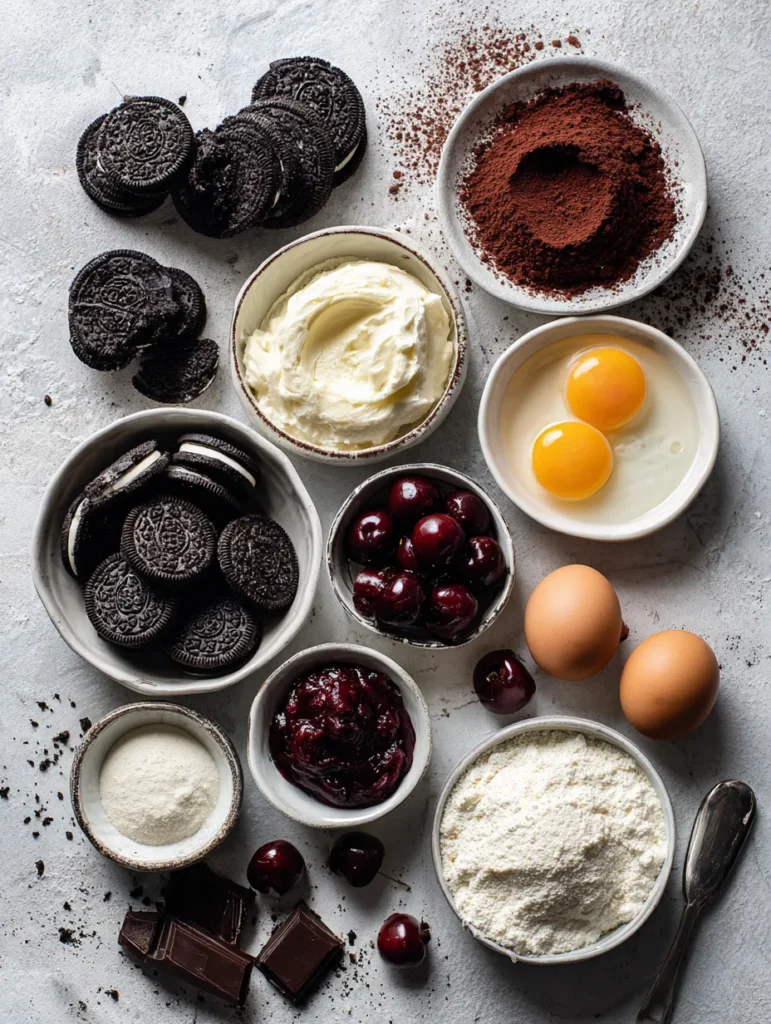 Flat lay of ingredients for black forest cheesecake including cream cheese, Oreos, eggs, and cherries