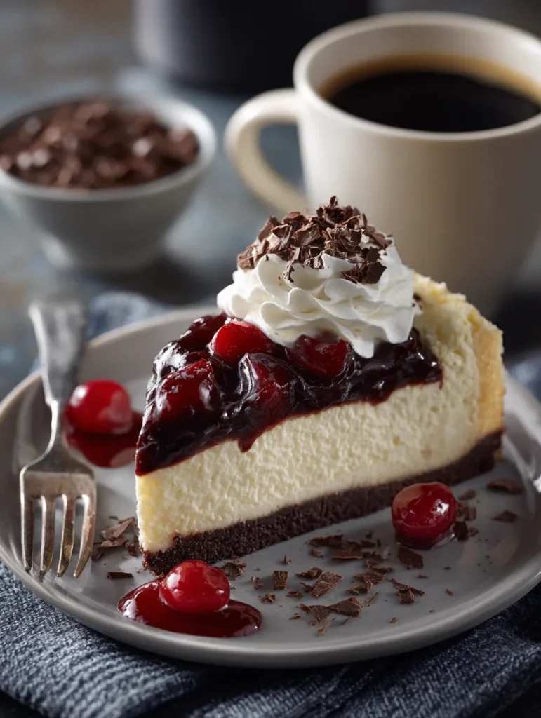 Black forest cheesecake recipe card with dessert and ingredients layout
