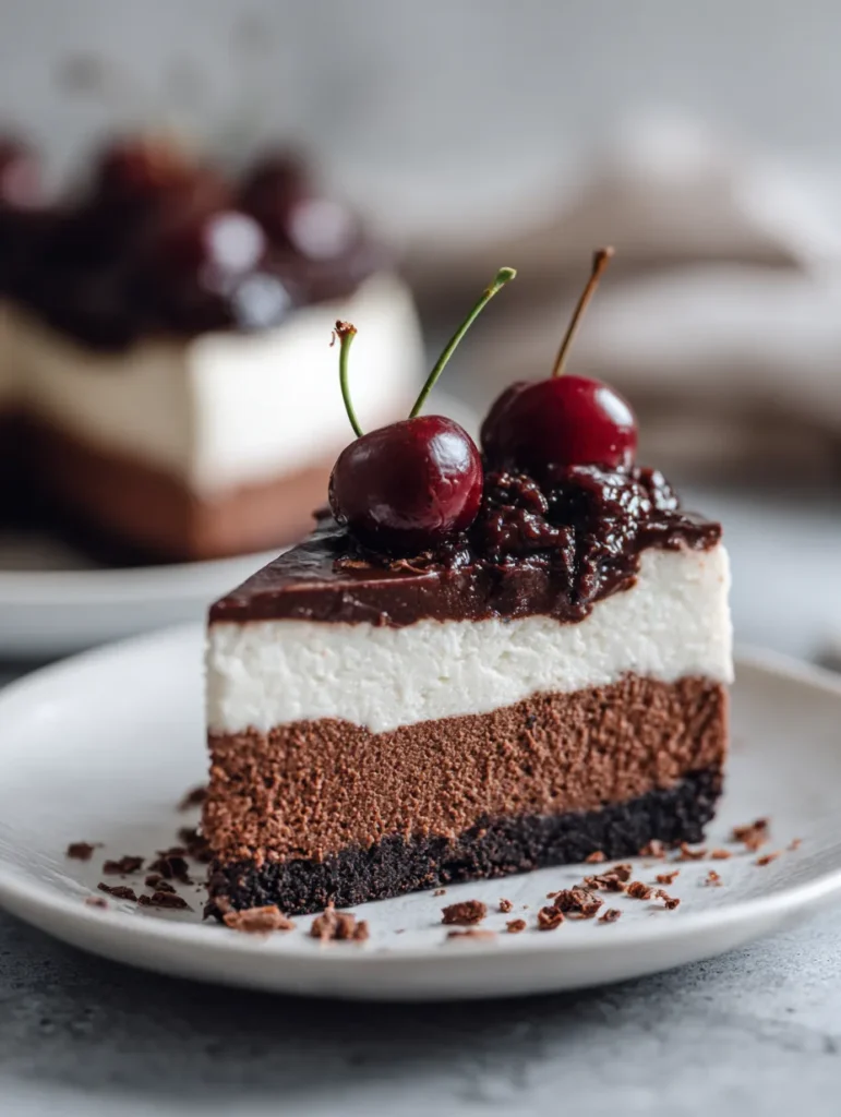 Slice of black forest cheesecake with whipped cream and cherries on a plate