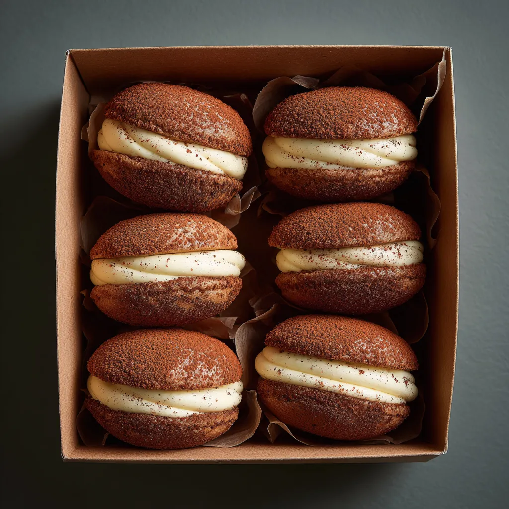 tiramisu whoopie pies in bakery box with cocoa and cream