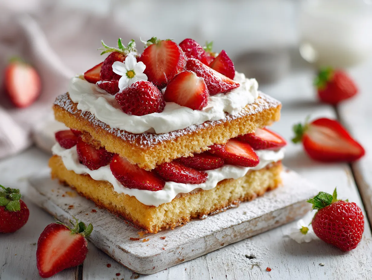 Cake with cream and strawberries on a table