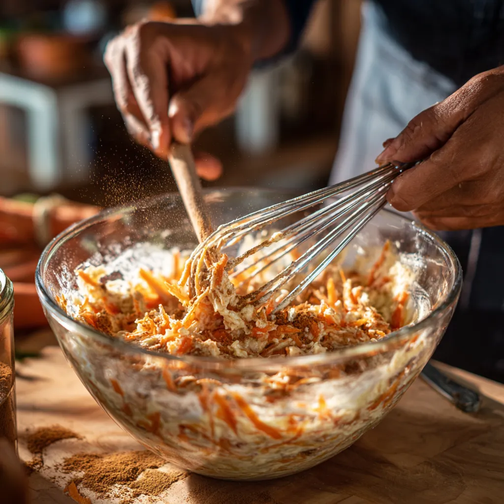 Chef whisking carrot cake batter with grated carrots and spices.