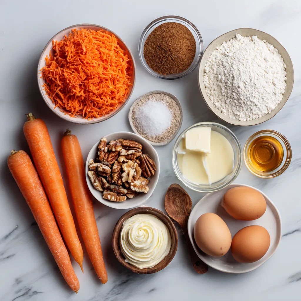 Flatlay of carrot sheet cake ingredients on marble countertop.