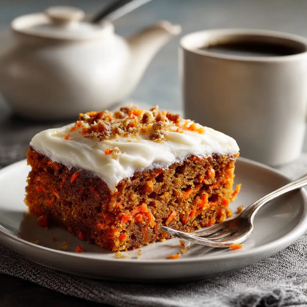 Slice of carrot sheet cake served with coffee on white plate.