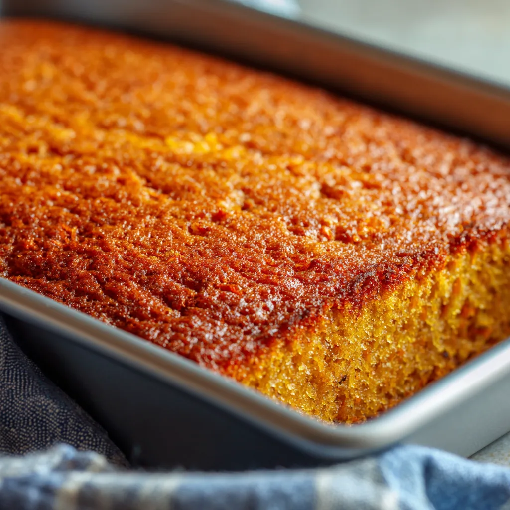 Close-up of freshly baked carrot sheet cake with golden top and moist crumb.