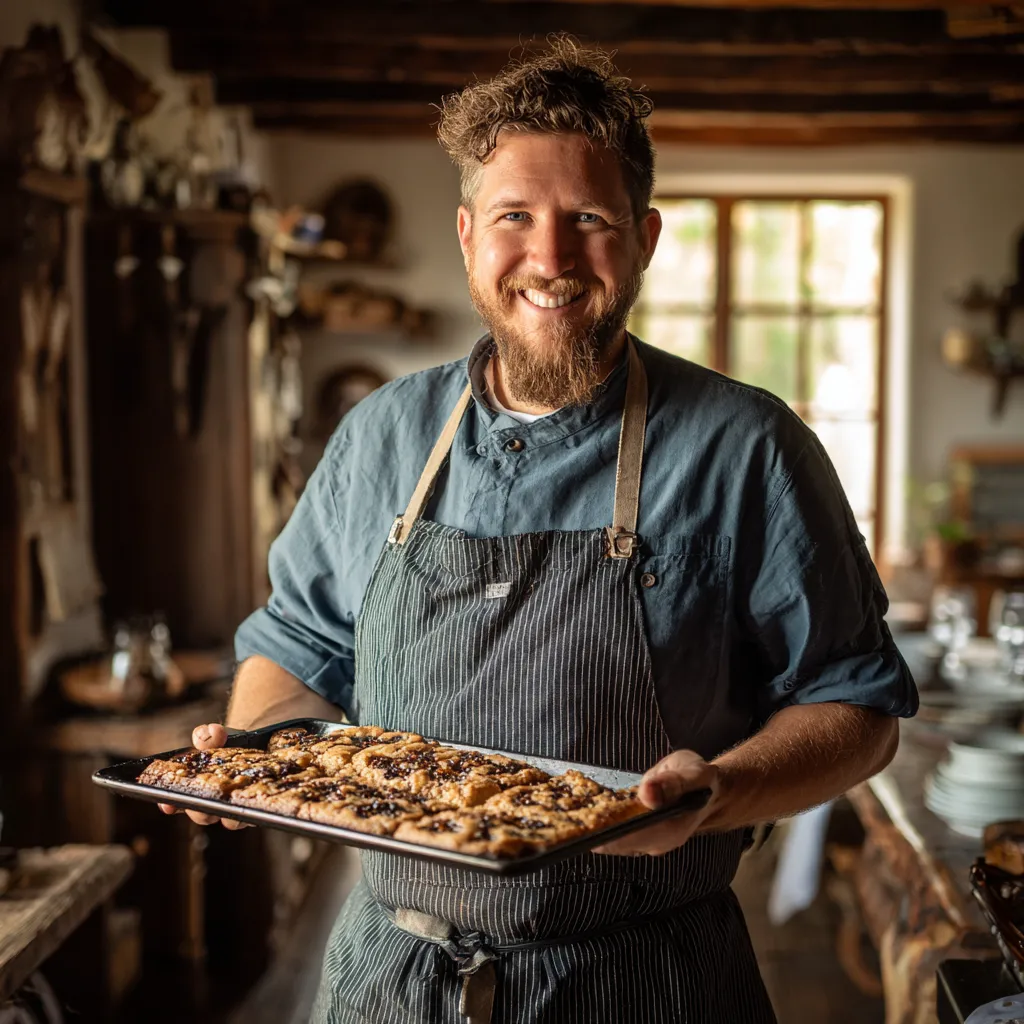 Apple Spice Sheet Cake with Brown Sugar Frosting – Moist Fall Dessert 11 Chef holding apple spice sheet cake.
