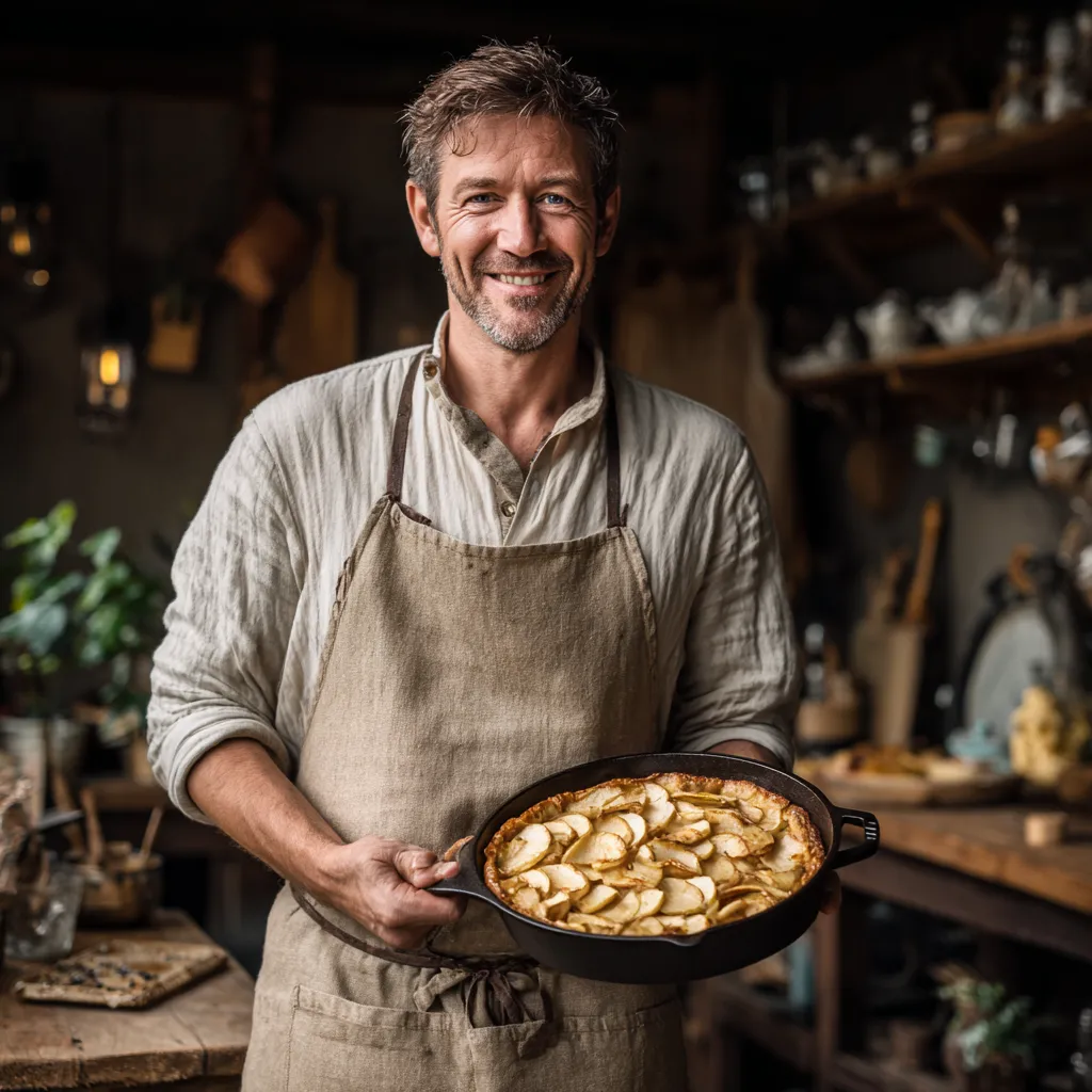Chef presenting his homemade apple dessert in rustic kitchen.