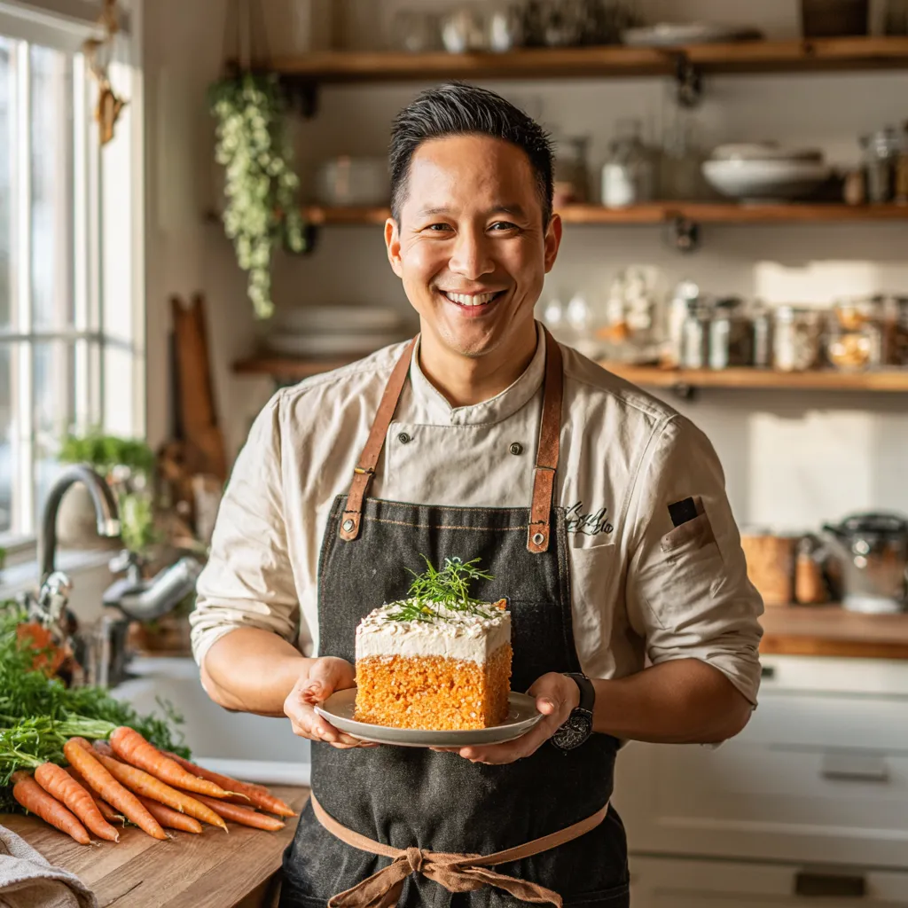 Chef  holding a frosted carrot sheet cake in his home kitchen.