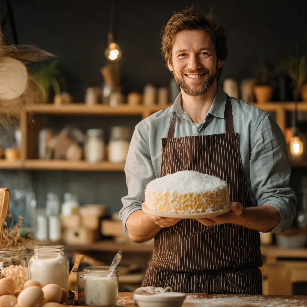 Chef presenting homemade coconut sheet cake