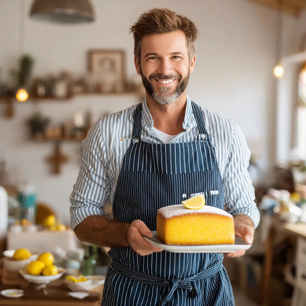 Chef  presenting lemon sheet cake in kitchen