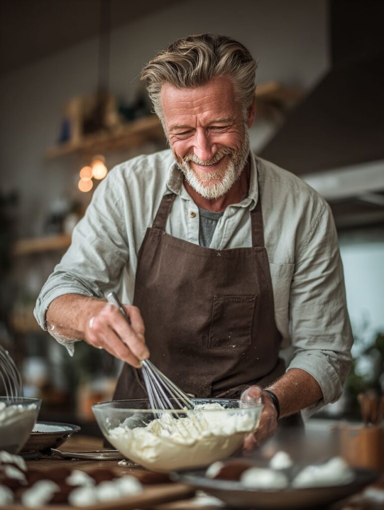 Chef   preparing mascarpone cream in a modern kitchen.