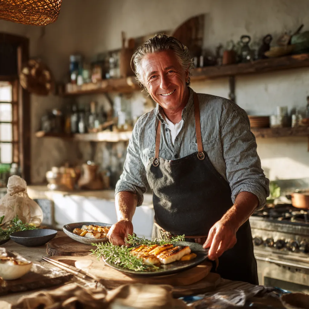 Chef James plating roasted merlu in his home kitchen