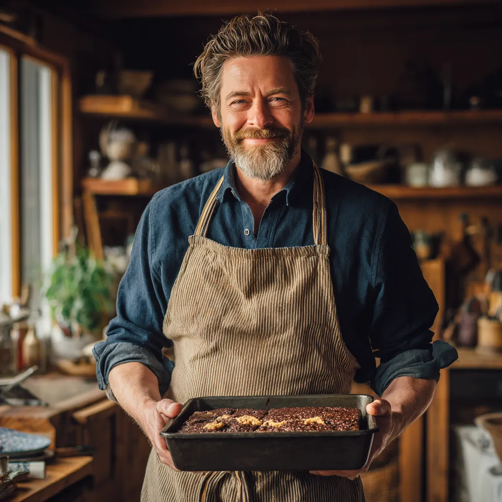 Chef holding a fresh peanut butter chocolate sheet cake in his kitchen.peanut butter chocolate sheet cake