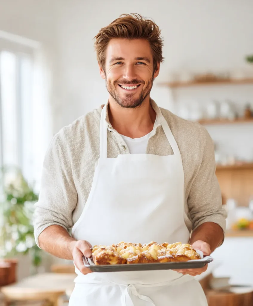 Moist Pineapple Sheet Cake – Southern Classic by Chef James 9 Chef James presenting a tray of pineapple sheet cake in the kitchen.