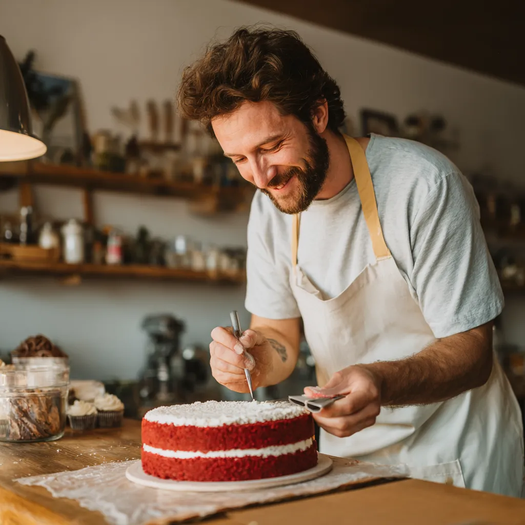 Chef James frosting a red velvet sheet cake in his kitchen.