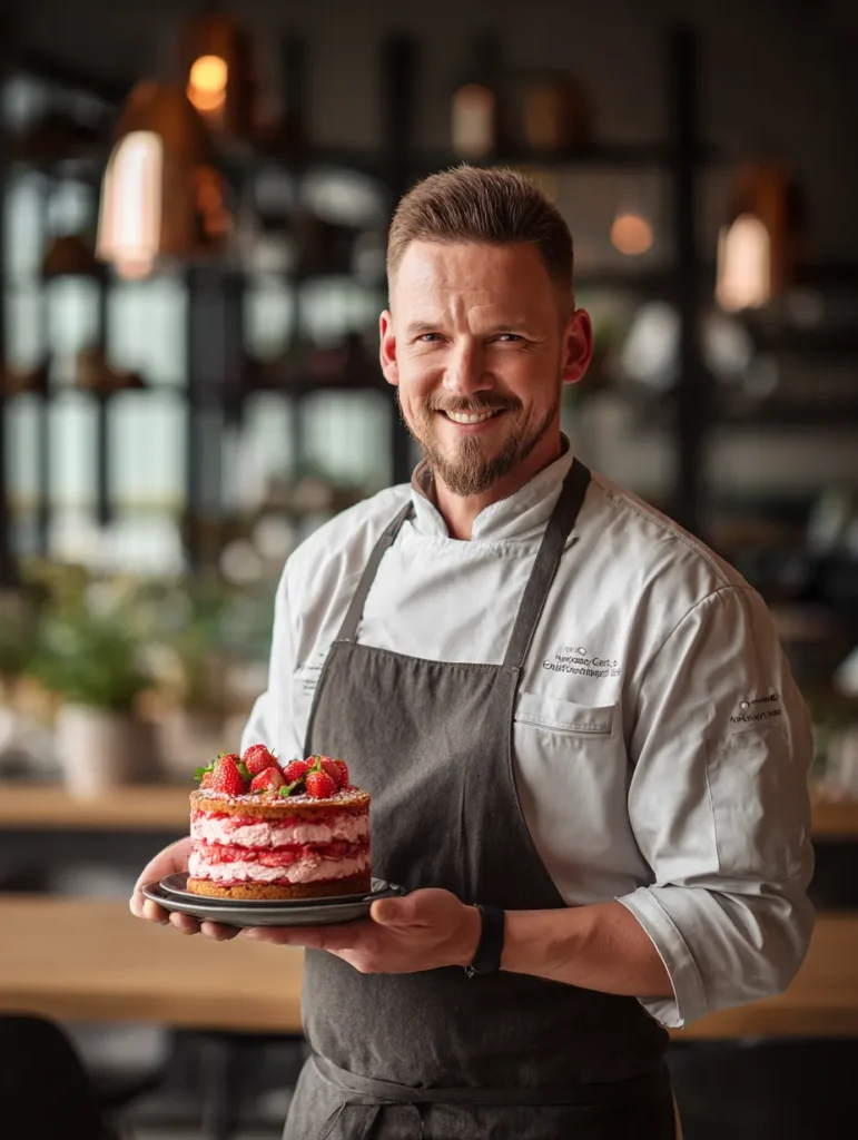 Chef  presenting cake