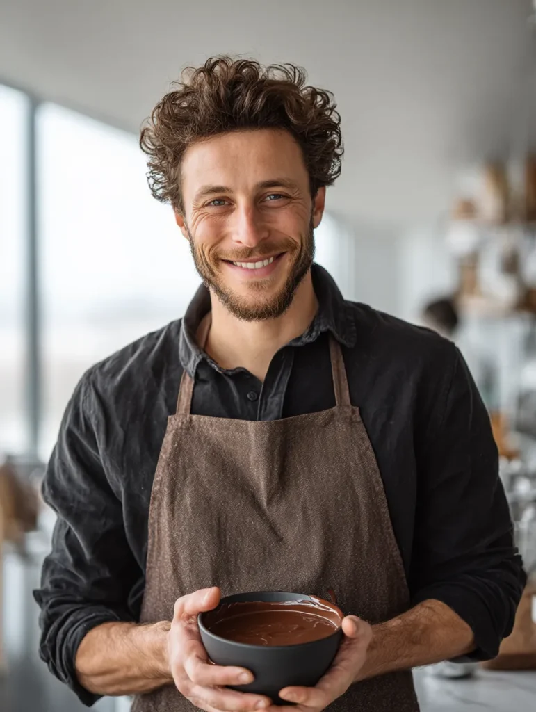 Chef presenting a bowl of melted vegan chocolate.