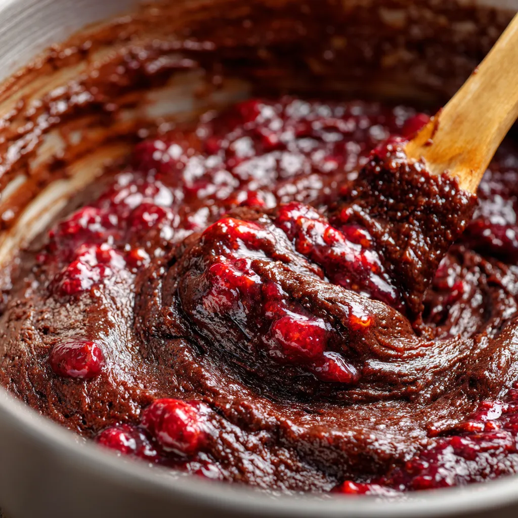 Mixing chocolate cherry cake batter in a bowl.
