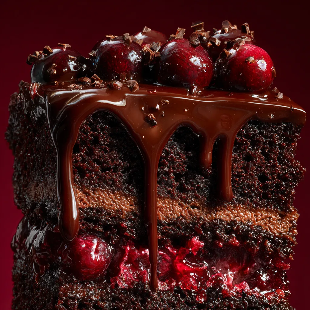 Close-up of moist chocolate cherry cake slice with glossy chocolate glaze.