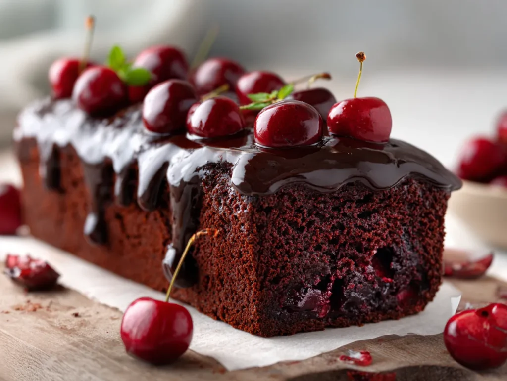 Moist chocolate cherry cake with fudgy chocolate glaze and cherries on top.